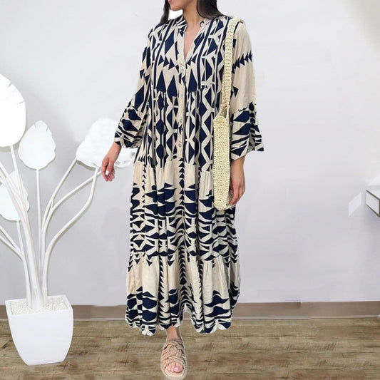 Women Casual Boho Geometry Print V Neck Single-Breasted Loose Maxi Shirt Dress