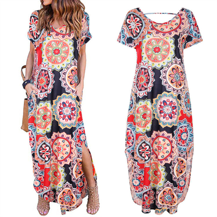 Vestido largo informal bohemio de verano para mujer, con estampado floral, manga corta, abertura lateral y cuello en V