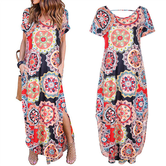 Vestido largo informal bohemio de verano para mujer, con estampado floral, manga corta, abertura lateral y cuello en V