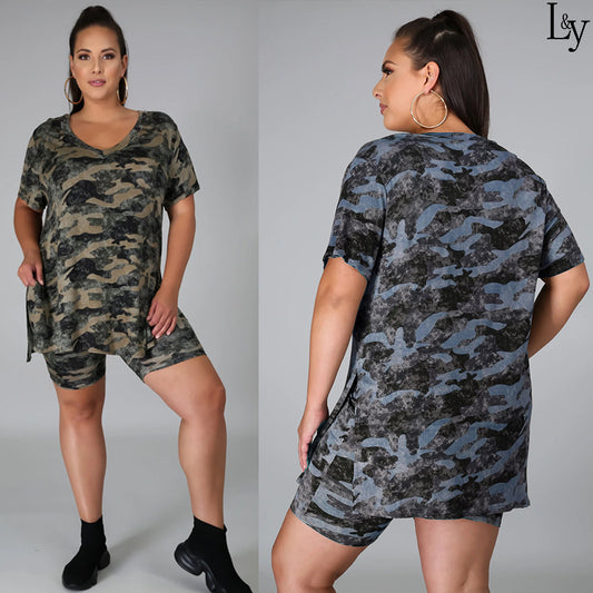Conjunto de dos piezas de pantalones cortos de camuflaje holgados e informales con estampado de verano de talla grande para mujer