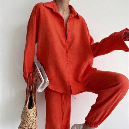 Conjunto de dos piezas de camisa de manga larga con solapa de color liso para mujer, pantalones bombachos y pantalón informal