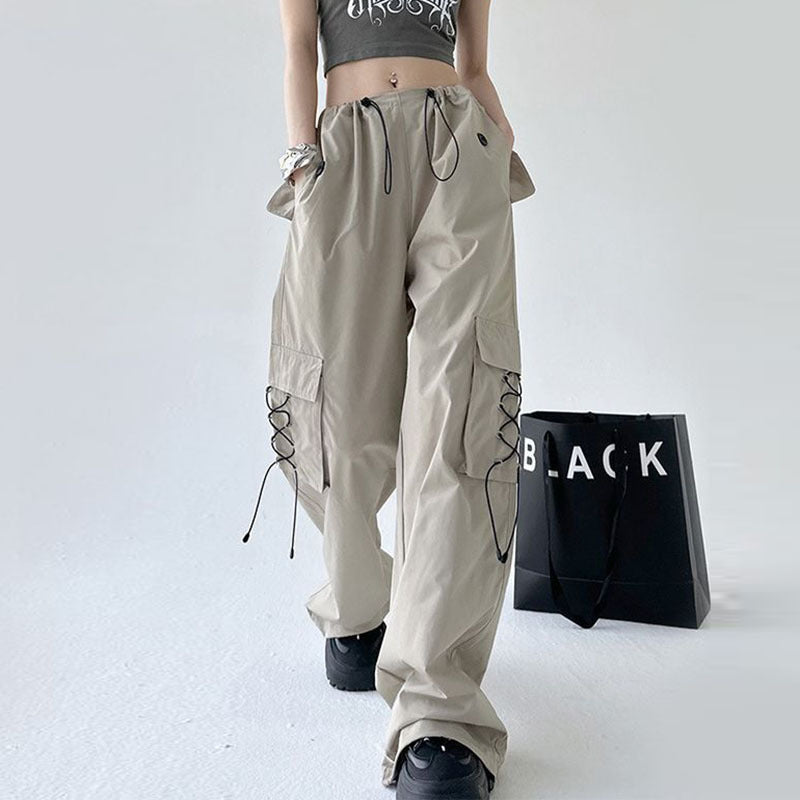 Street Fashion Women Khaki Casual Loosewide Leg Pocket Cargo Pants