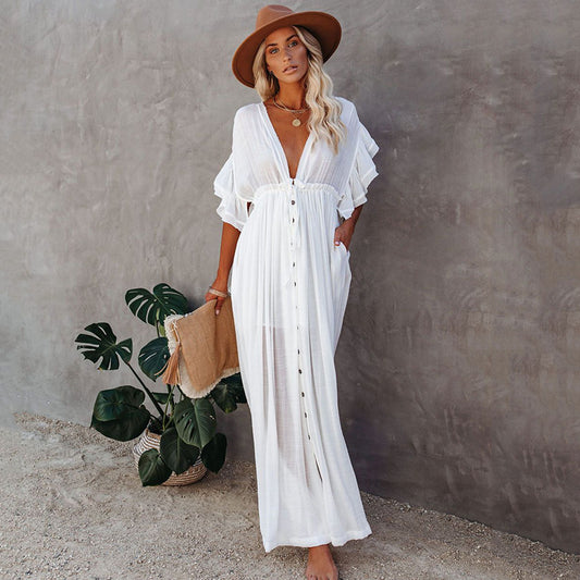 Traje de baño de playa informal holgado con cuello en V y manga corta de color liso para mujer