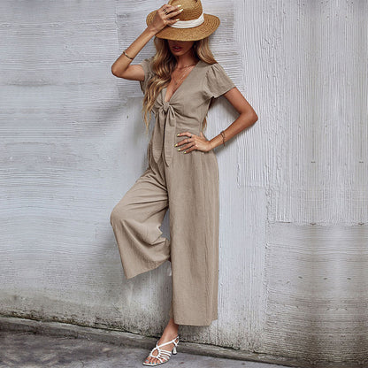 Women Summer Casual Solid Color Cotton Linen Wide-Leg Jumpsuit