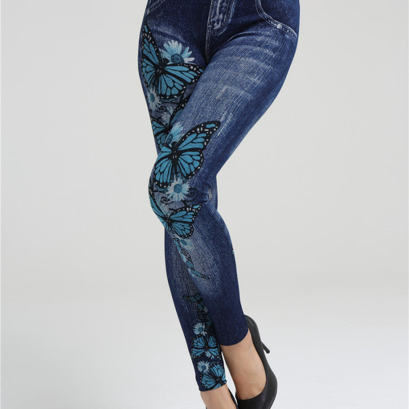 Women Print Butterfly High Waist Slim Casual Pants