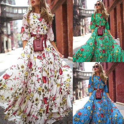 Women Casual Fashion Printed Swing Chiffon Maxi Dress