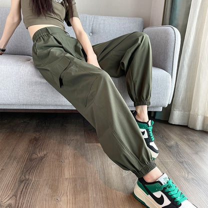 Women Fashion Casual Solid Color Cargo Elastic Waist Cuffed Jogger Pants