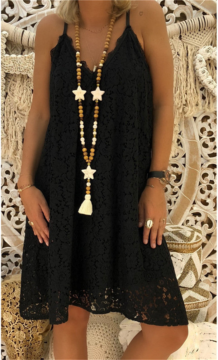 Women Elegant Sexy Solid Color Lace Loose Summer Boho V Neck Casual Slip Dress