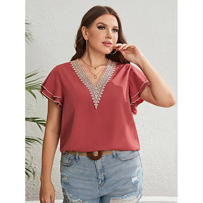 Blusa informal de verano con encaje rojo parduzco, cuello en V, holgada, con volantes y manga corta, talla grande para mujer
