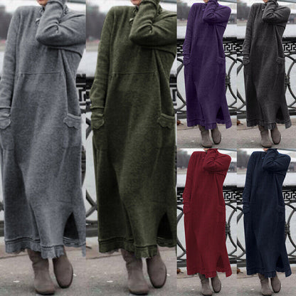 Vestido largo informal de otoño e invierno, holgado, de talla grande, de punto, con encaje, manga larga, bolsillos, color liso