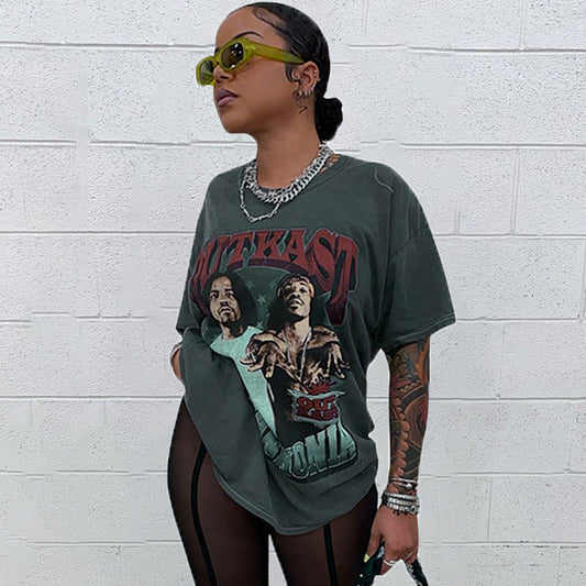 Camiseta informal de verano para mujer, de manga corta, con estampado gráfico y cuello redondo, holgada