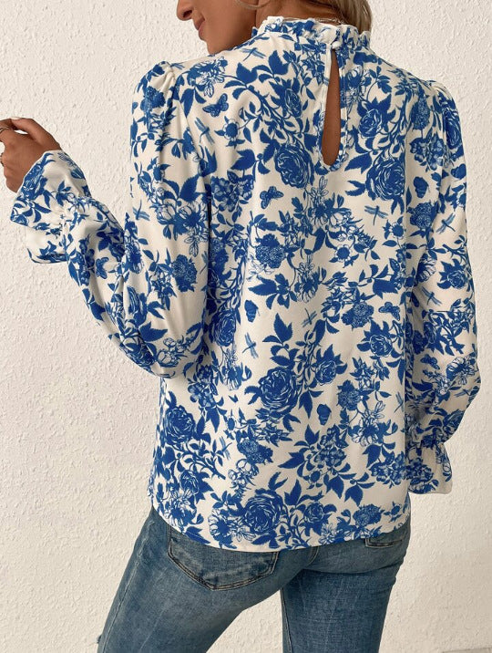 Camisa informal de manga larga con estampado floral para mujer