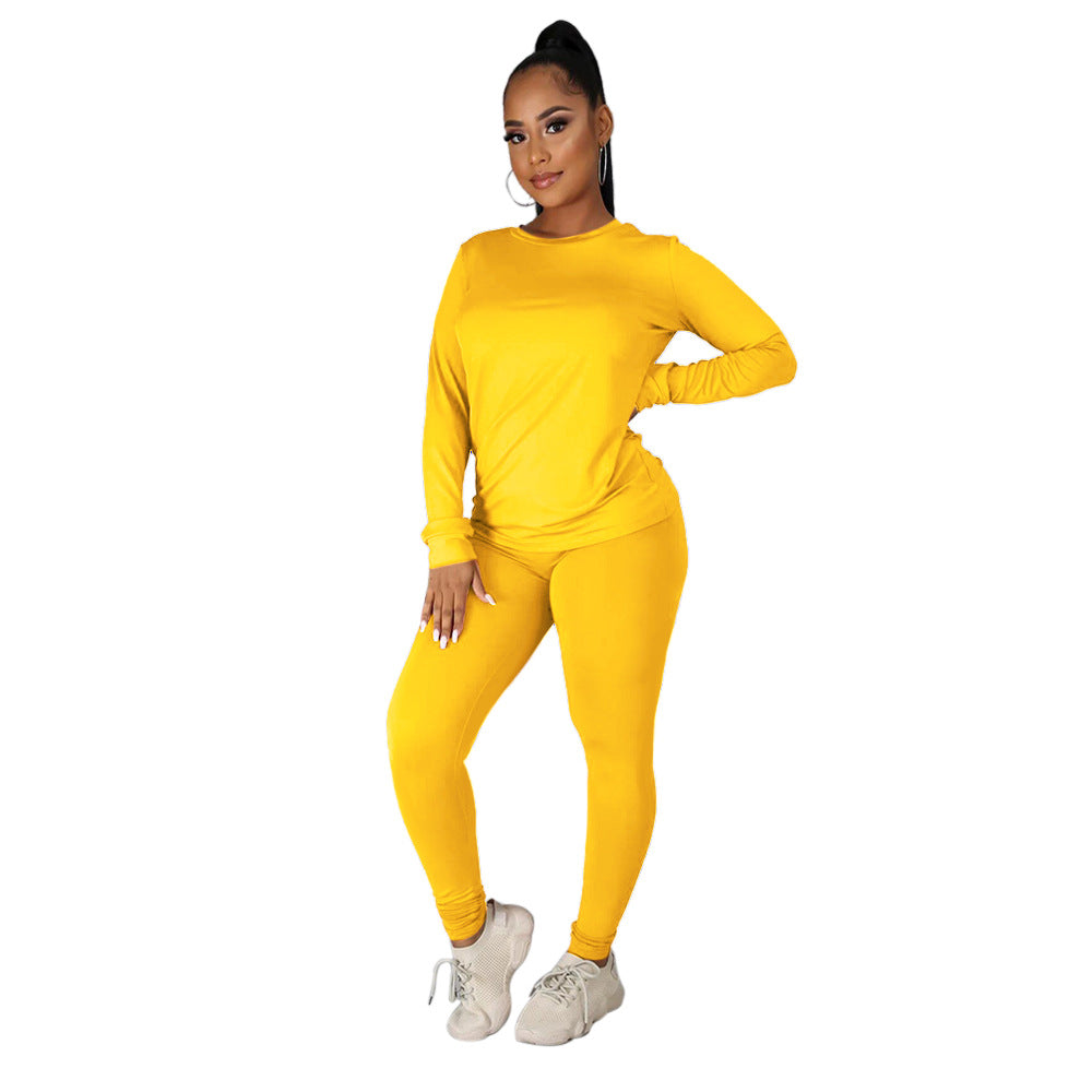 Conjunto de camiseta y pantalones de manga larga con cuello redondo y color liso para otoño e invierno