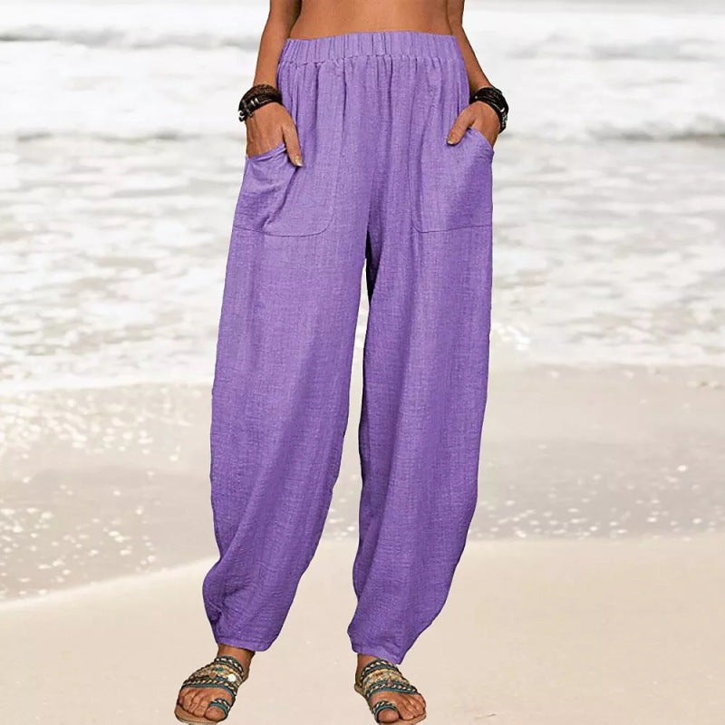 Women Fashion Casual Cotton Linen Solid Color Loose Harem Pants