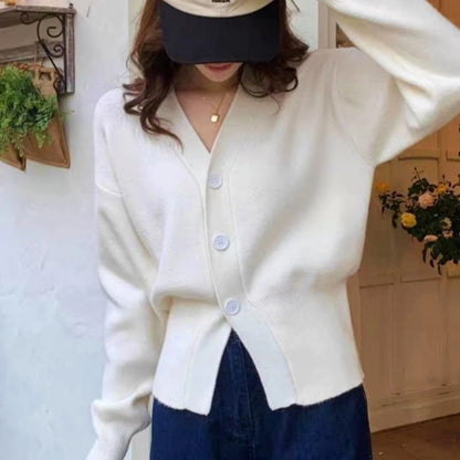Women Fashion Casual Solid Color V-Neck Long-Sleeve Knitte Sweater Coat