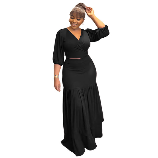 Conjunto de dos piezas formado por top corto, falda y pantalón corto, elegante, de color liso y ajustado, para mujer, otoño