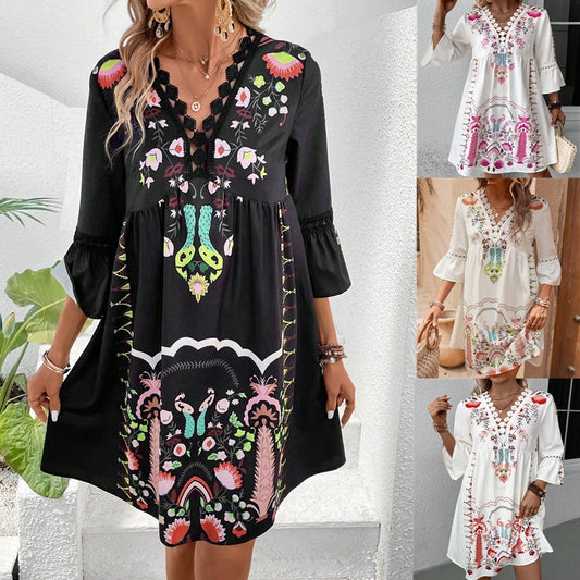 Vestido bohemio informal con cuello en V y estampado de patchwork y encaje para mujer