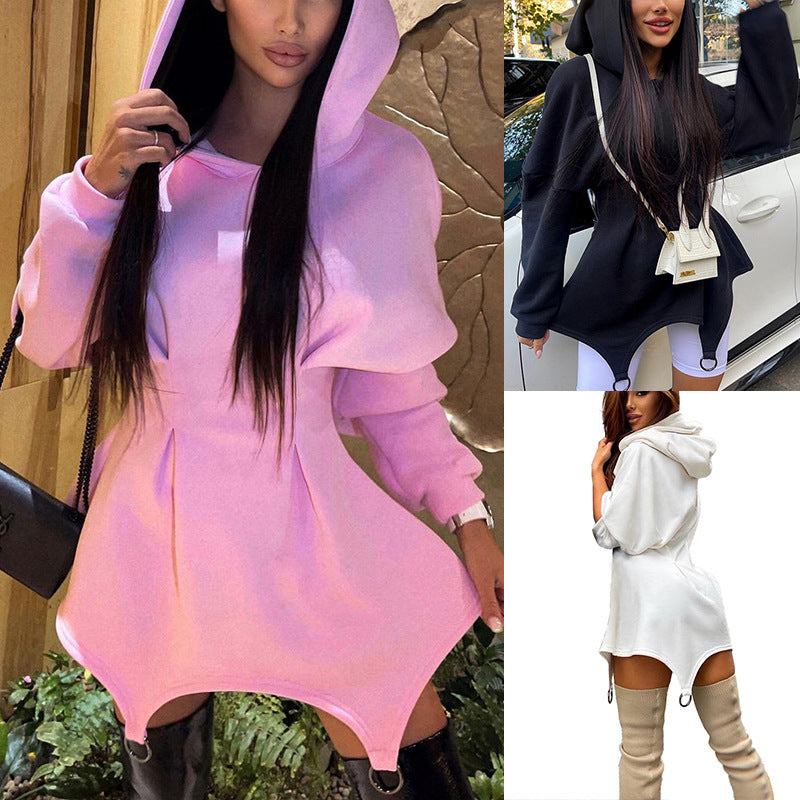 Fashion Women Casual Solid Color Loose Long-Sleeved Hooded Irregular Hemline Sweat Dress