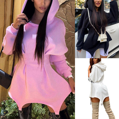 Fashion Women Casual Solid Color Loose Long-Sleeved Hooded Irregular Hemline Sweat Dress