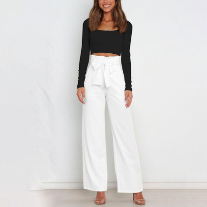 Pantalones casuales de cintura alta con lazo y cordones de color liso a la moda para mujer