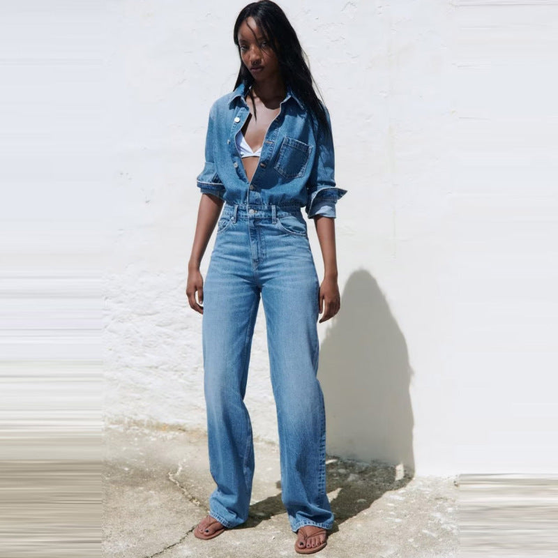 Women Fashion Casual Lapel Long Sleeve Straight Denim Jumpsuit
