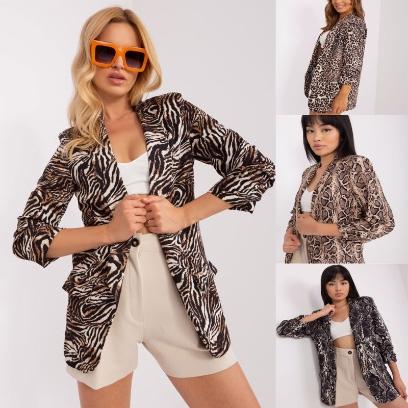 Chaqueta de traje de manga larga con estampado de leopardo y serpiente estilo británico informal para mujer
