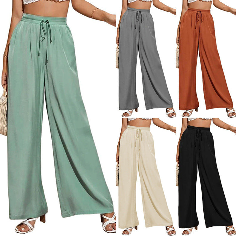 Women High Waist Casual Trousers Solid Color Elastic Waist Tie Loose Wide Leg Pants