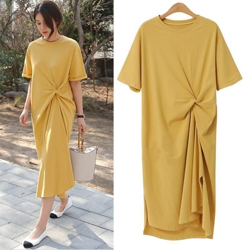 Women Basic Summer Casual Side-slit Short Sleeve Solid Color Round Neck Loose Dress
