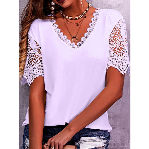 Blusa informal de manga corta con cuello en V, holgada, con encaje y patchwork de color liso para mujer