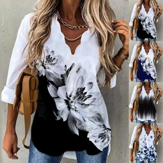 Autumn Winter Women Casual Wavy Neckline Long Sleeve Floral Blouse