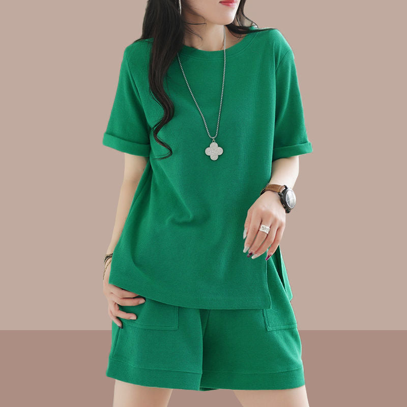 Conjunto deportivo informal de moda para mujer, cuello redondo, manga corta, abertura lateral, pantalones cortos de cintura alta