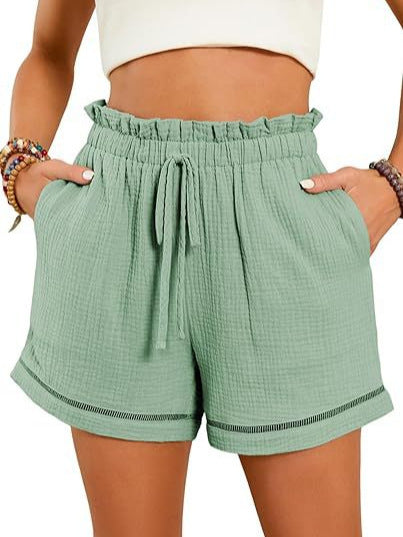 Women Fashion Casual Solid Color High Waist Lace-Up Wide-Leg Shorts