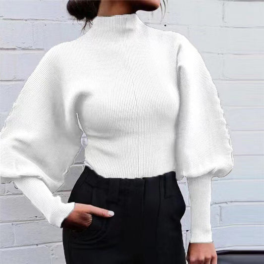 Women Casual Long Lantern Sleeve Pullover Turtleneck Knitted Sweater