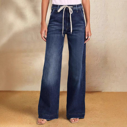 Vaqueros de pierna ancha, cintura alta, informales, con cordones, a la moda para mujer