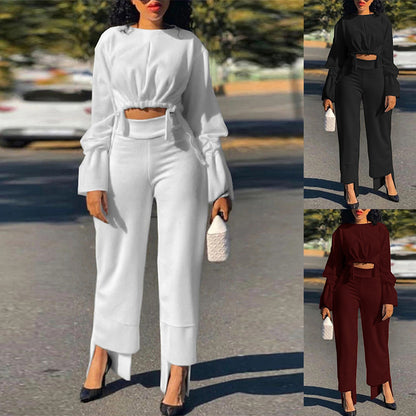 Women Casual Solid Color Long Sleeve Drawstring Waist Crop Top And Wide Leg Pants Set