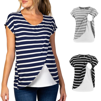 Camiseta de lactancia materna de manga corta con estampado de rayas informal para embarazadas