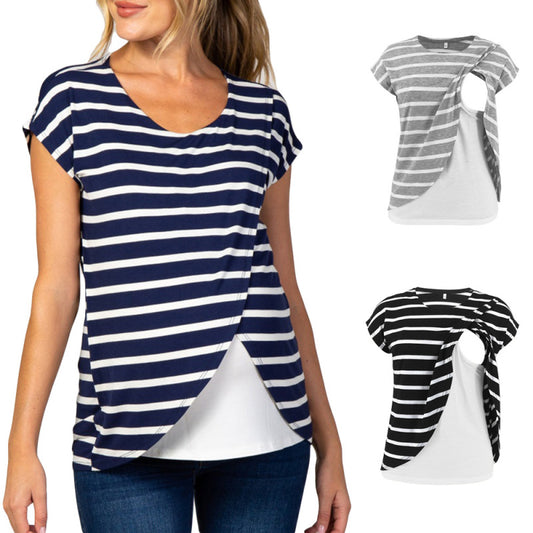 Camiseta de lactancia materna de manga corta con estampado de rayas informal para embarazadas