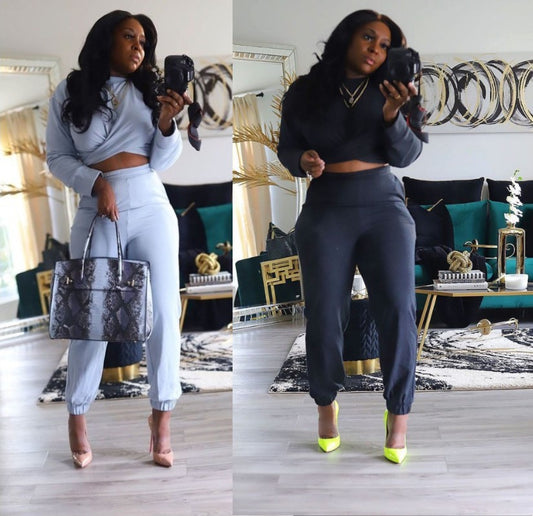 Conjunto de dos piezas de top y pantalones de manga larga cruzados de talla grande para mujer