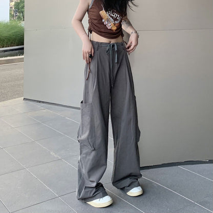 Women Casual Solid Color Large Pocket Loose Cargo Pants