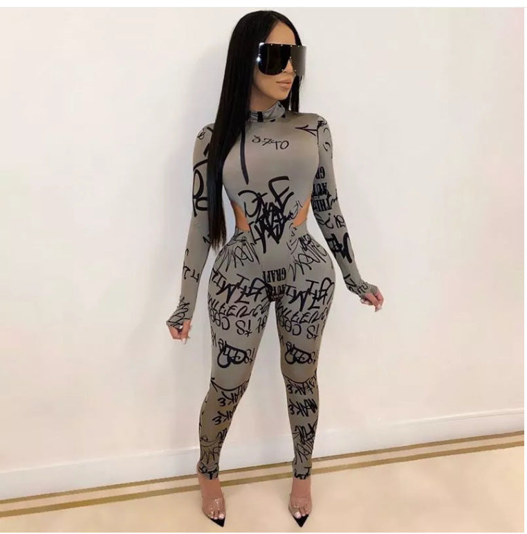 Conjunto de dos piezas informal ajustado de manga larga con estampado de letras para mujer y pantalones