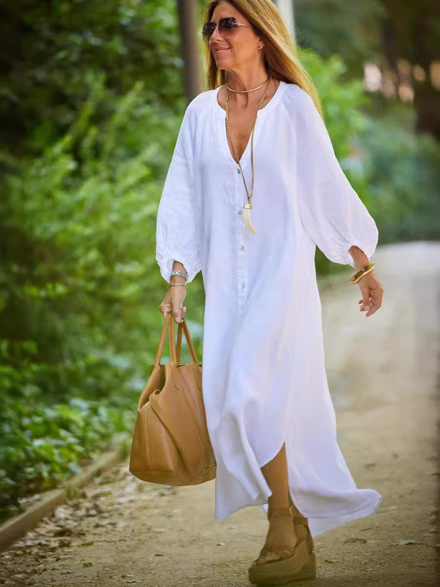 Vestido largo informal de lino y algodón con mangas largas para mujer