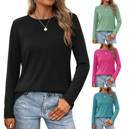 Camiseta informal de verano para mujer, color liso, cuello redondo, manga larga, en blanco