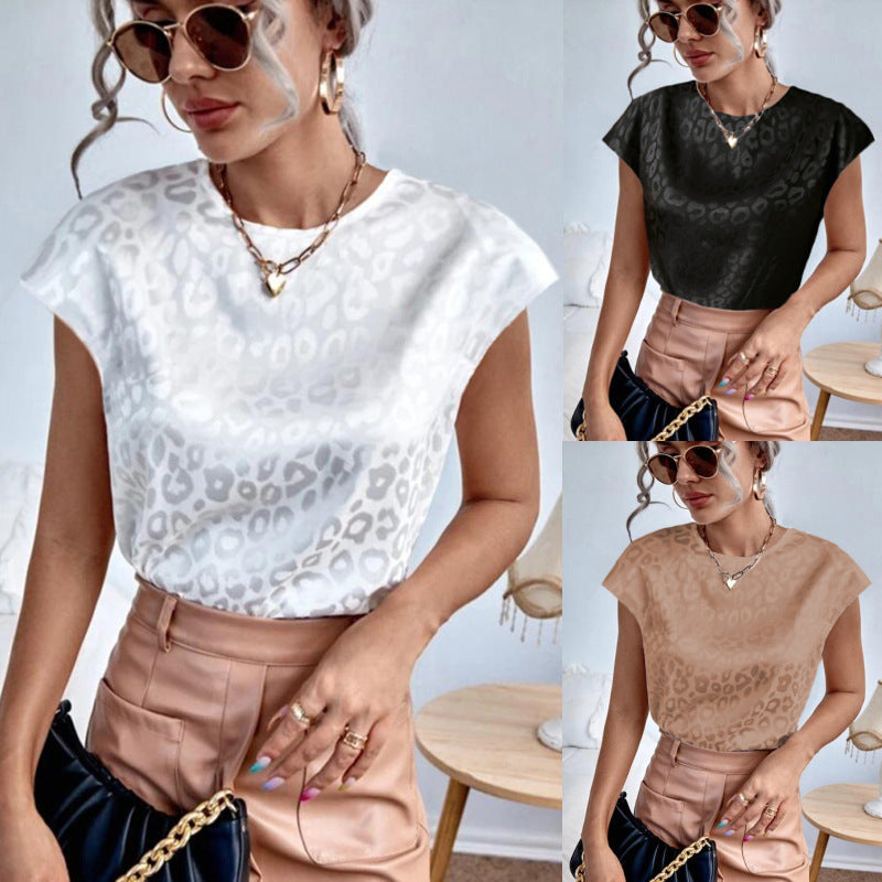 Blusa elegante informal de manga corta con estampado de leopardo y jacquard para mujer, estilo oficina, de verano