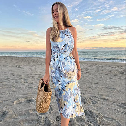 Vacationg Fashion Floral Print Women Casual Ruffled Halter Dress