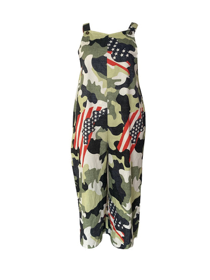 Women Fashion Casual Plus Size Digital Printing Flag Element Sleeveless Jumpsuit