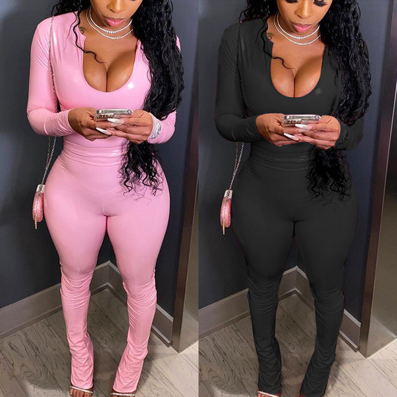 Conjunto de dos piezas formado por top y pantalón de piel sintética, manga larga, cuello redondo, color liso, para mujer, corte entallado, informal y sexy