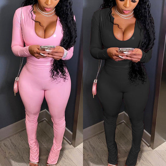 Conjunto de dos piezas formado por top y pantalón de piel sintética, manga larga, cuello redondo, color liso, para mujer, corte entallado, informal y sexy