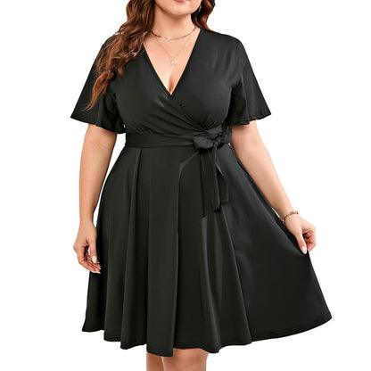 Women Simple Casual Solid Color V-Neck Short Sleeve Lace-Up Plus Size Dress