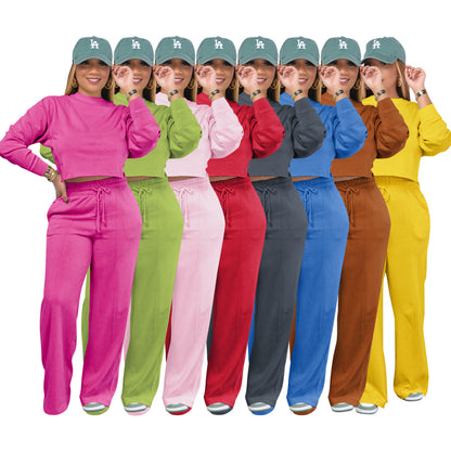 Athleisure Women Winter Thickened Crop Sweatshirt Casual Pants Two-Piece Sportswear Set