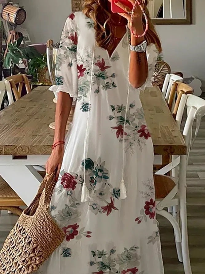 Vestido informal de moda con cuello en V y manga corta con estampado floral para mujer
